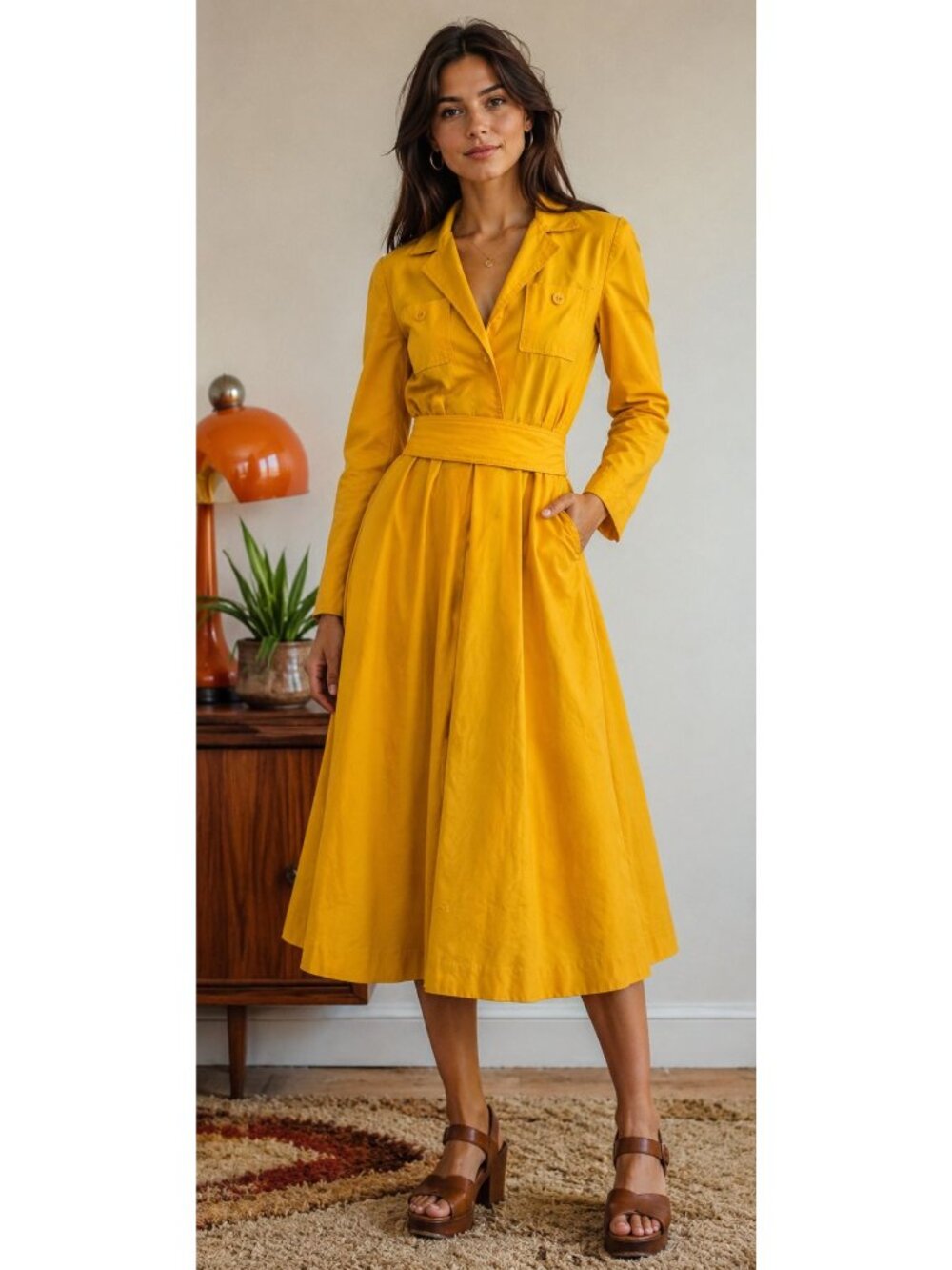 Vintage Caron Retro 70's Yellow Midi Length Long Sleeve Shirt Dress Size Small